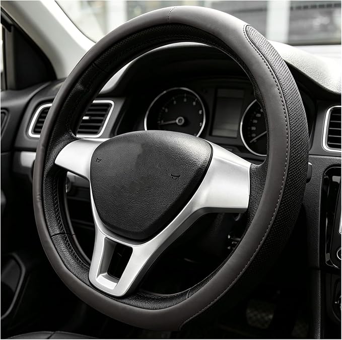 Sun Walker Steering Wheel Cover, Breathable Leather Steering Wheel Covers with Perforated Sides, Anti-Slip Comfortable Grip Auto Sleeve for 14.5-15 Inch Wheels, Car Accessories (Gray)