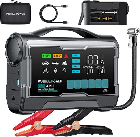 JS2 2500A Jump Starter with 160PSI Air Compressor, 12V Car Battery Booster with Display, Support 65W Charging Power Bank, Nozzles Storage Compartment- for 8L Gas/7L Diesel Engines