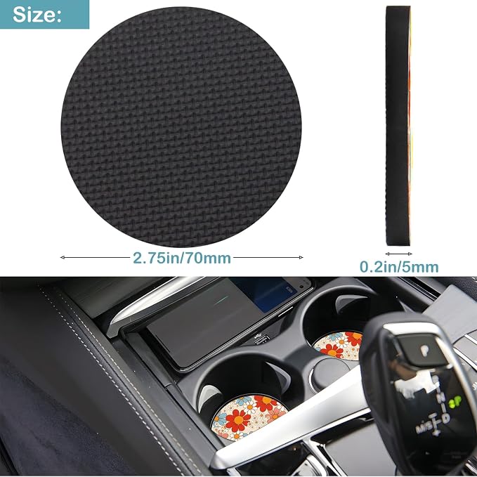 Car Cup Holder Coasters, 2 Pack – 2.75" Universal Auto Anti-Slip Insert Coaster, Rubber Car Coasters, Personalized Car Accessories for Women (Retro Daisy)