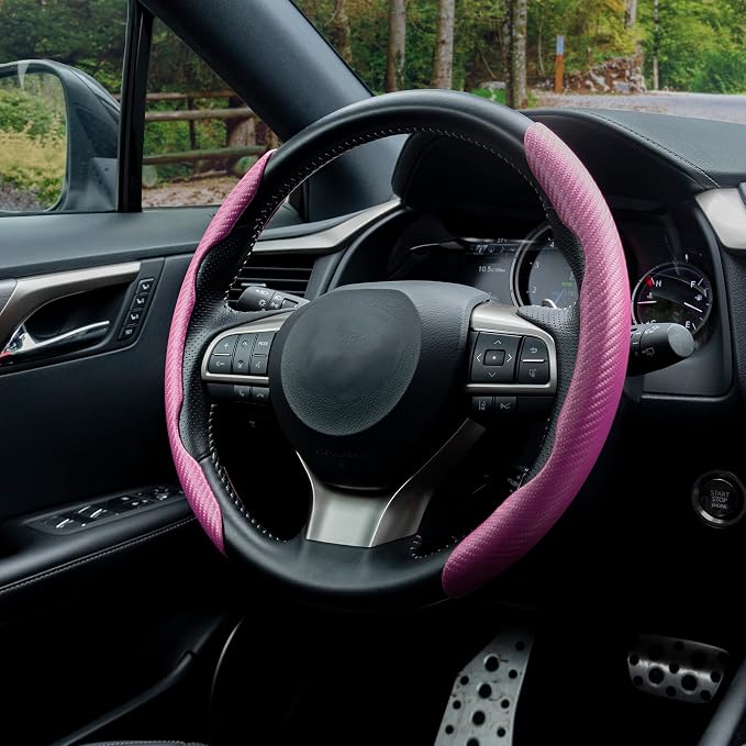Amiss 2pcs Carbon Fiber Anti-Skid Steering Wheel Cover, Waterproof & Segmented Butterfly Design, Universal 99% Vehicle Wheel Cover Protector, Car Interior Accessories (Pink-2pcs)