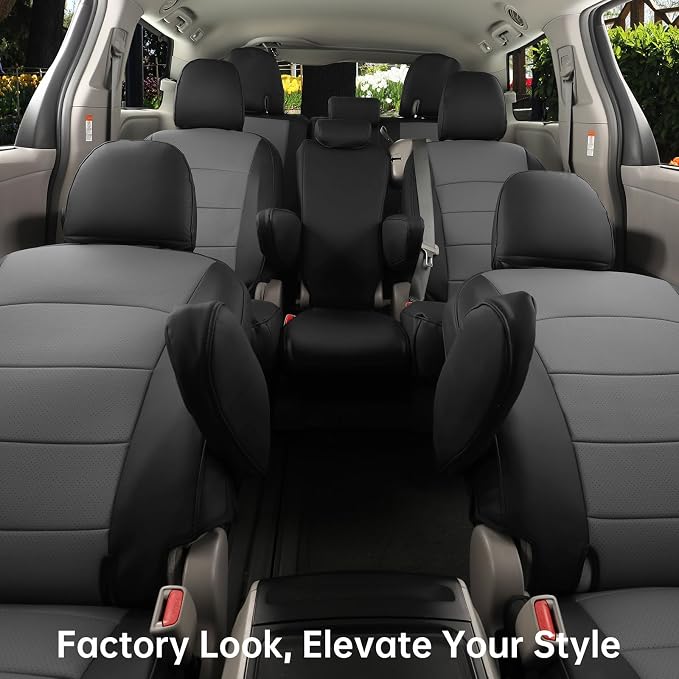 coverdream Sienna Leather Car Seat Covers Custom Fit for 2011-2020 Toyota Sienna SE,LE,XLE,SE Premium,XLE Premium,8-Seater,Full Coverage,Airbag Compatible Auto Seat Protector (Full Set,Black/Gray)