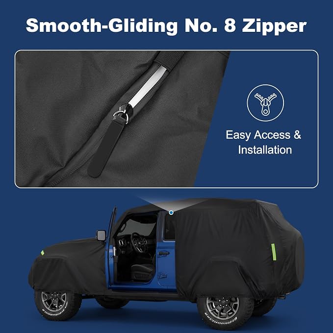 QUNSUNUS Car Cover for Jeep CJ7 Waterproof with Cotton Inner, Zipper, Strap | Heavy 420D Oxford Outdoor All-Weather CJ7 Covers, with Elastic Hems and Double-stitched Seams, for Dust, Sun, Wind Protection