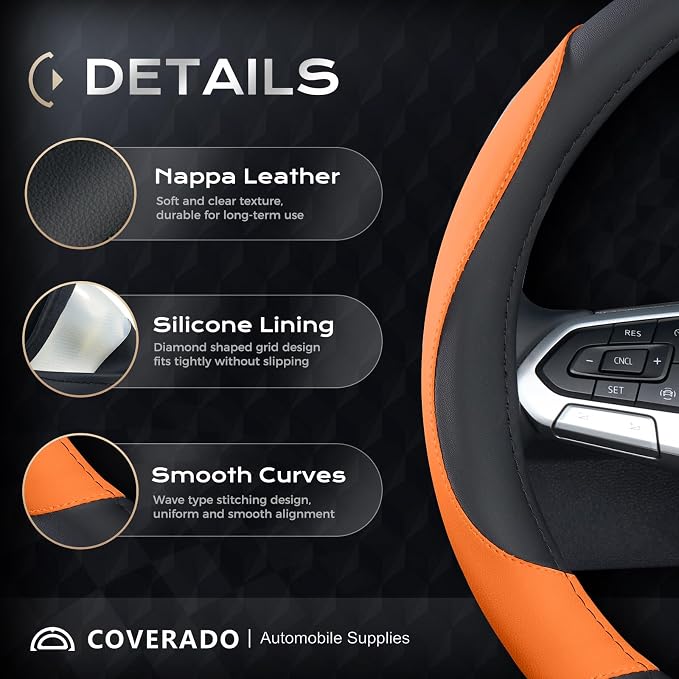 Coverado Car Steering Wheel Cover, Nappa Leather Black & Orange Steering Wheel Covers for Women, Universal 14-15 inch, Anti-Slip, Breathable Steering Wheel Protector