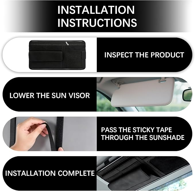 Car Sun Visor Organizer, Visor Accessories, Leather Sunvisor Pocket Organizer Case with Multi-Pocket Net Zipper, Waterproof Auto Sunshade Organizer Bag for Card Pen Sunglasses Document (Black)