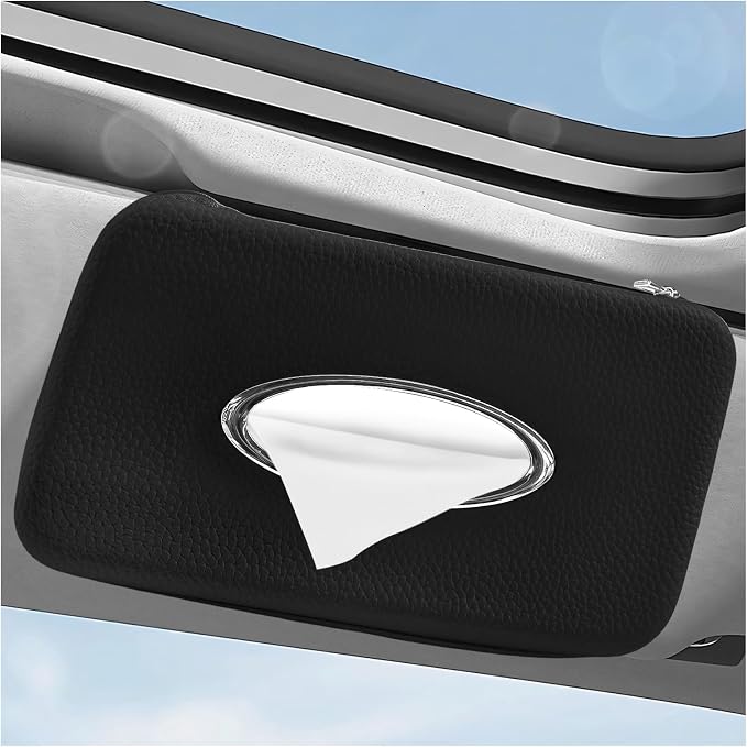 Car Tissue Holder, Microfiber Leather Auto Sun Visor Napkin Box with Zipper & Hooks, Universal Backseat Tissue Dispenser Case Visor Napkin Holder for Sedans Trucks SUVs (Black)