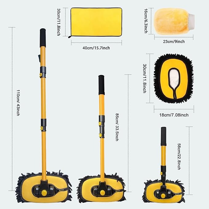 YeewayVeh 43" Car Wash Brush Mop Kit with Mitt, Yellow/Black | 15° Curved Pole, Extra Replaceable Chenille Head, Scratch-Free Microfiber Mitt & Sponge Cleaning Accessories