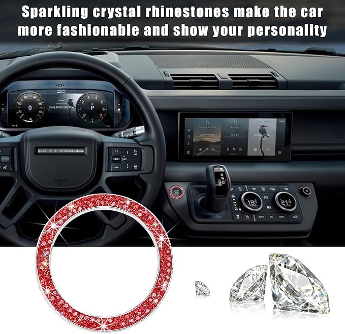 Kewucn 2 PCS Bling Crystal Double Rhinestone Car Engine Start Decoration Ring, Sparkling Push Start Button Sticker, Key Ignition & Knob Ring Decoration, Bling Car Interior Accessory(Red)