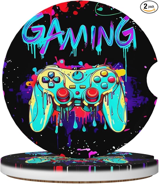 Game Car Cup Holder Coasters 2 Pack 2.63" for Women | Universal Anti Slip Ceramic Absorbent Coaster with Cork Base and Finger Notch Cute Car Accessories Interior