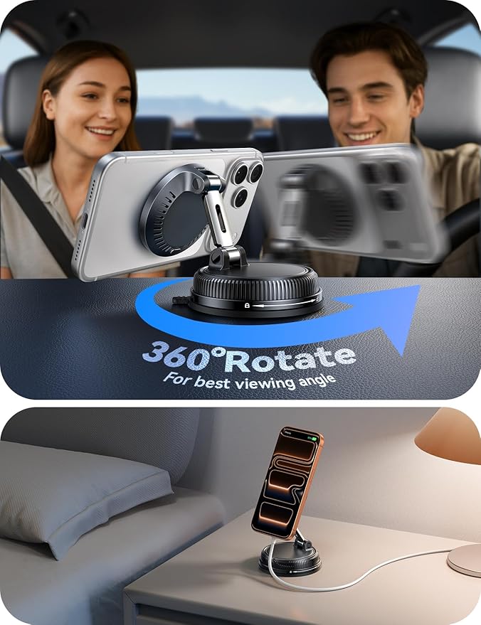 JOYROOM for iPhone 15W Magsafe Car Charger with Vacuum & Gel Strong Suction | 360° Vacuum Magnetic Car Phone Holder Charger, Car Mount for iPhone (Orange)