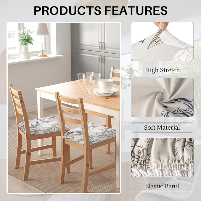 SearchI Waterproof Seat Covers for Dining Chairs, 6 Pack Stretch Dining Room Chair Seat Covers, Kitchen Chair Seat Covers Protectors(Beige and Blue Flower)