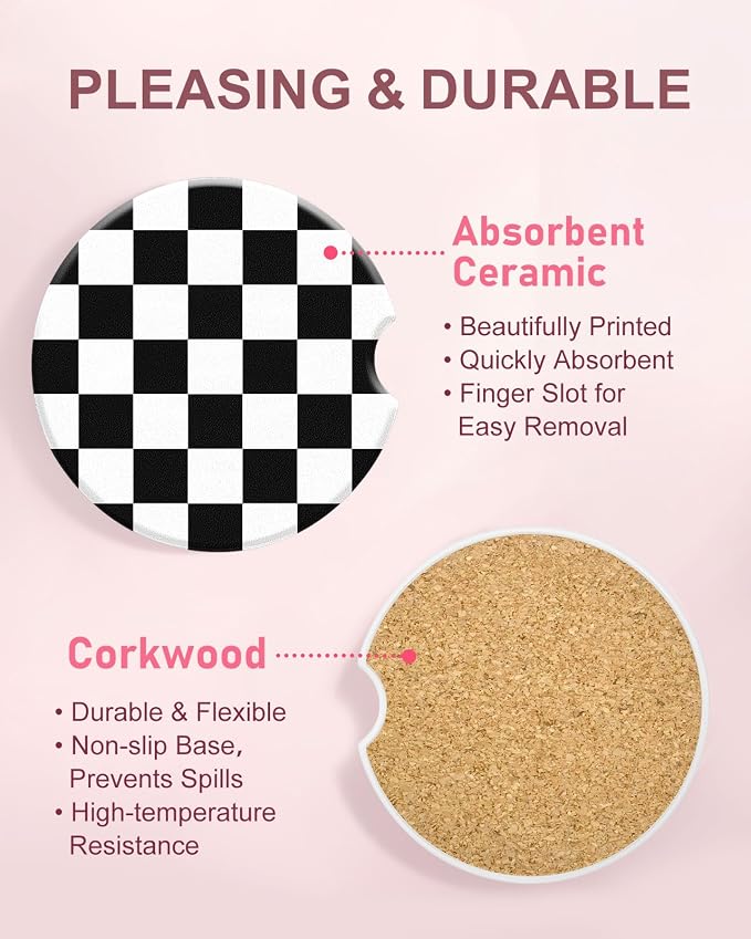 Swooflia Car Coasters for Women - Black and White Checkered Ceramic Car Cupholder Coaster Absorbent Mat Coaster with Cork Base 2 Pack 2.55 inch Automotive Cup Holder Accessories New Driver Gifts