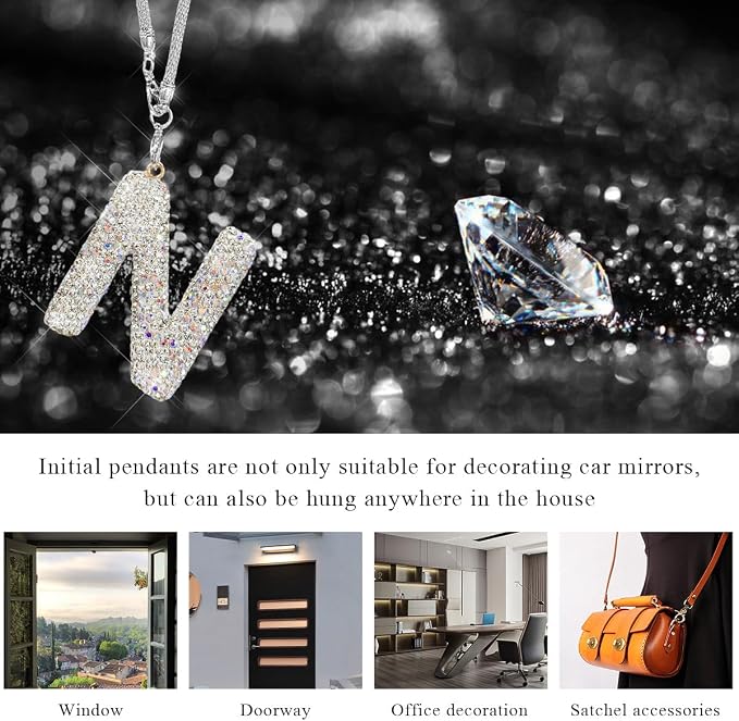 DXNQ Bling Initial Car Rear View Mirror Ornament, Crystal Sparkling Cute Letter Charm Pendant Auto Decor, Hanging Lucky Diamond Initial Charm Car Mirror Bag Ornament for Girl Women (Letter N)
