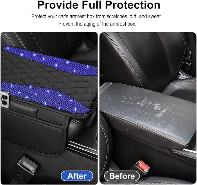 NBTEPEM Bling Car Center Console Cover, Leather Arm Rest Cover for Car with 2 Storage Bags, Universal Car Middle Console Cover Diamond Car Accessories Interior Fit for Most Vehicles, Blue Diamond
