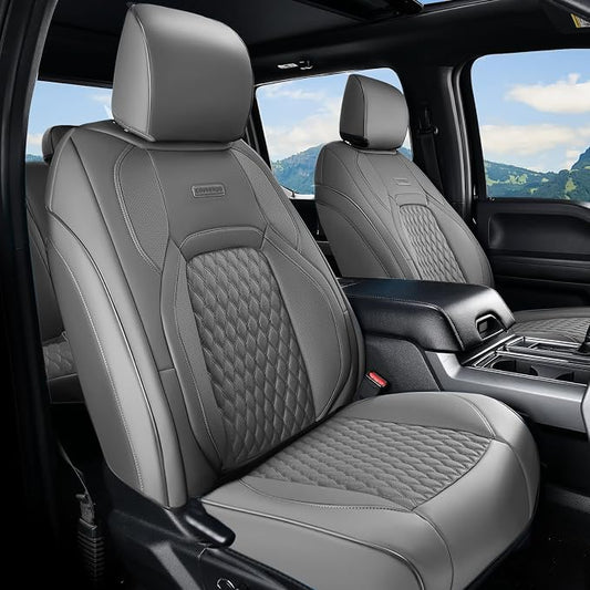 Coverado Chevy Chevrolet Silverado GMC Sierra Seat Covers Full Set, Custom Fit for 2014-2018 1500, 2015-2019 2500HD 3500HD Crew Double Extended Cab Truck, Waterproof Leather Car Seat Covers (Gray)