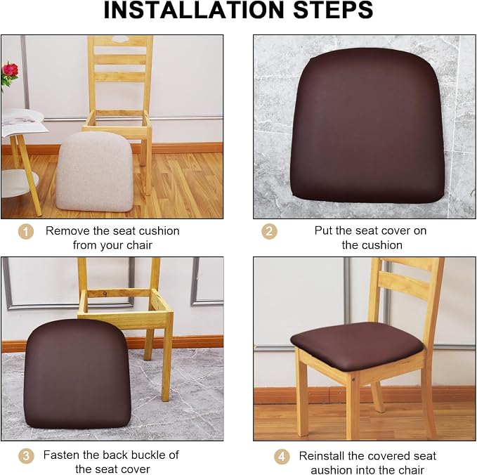 Leather Stretch Chair Seat Covers with Elastic Ties,Waterproof Dining Room PU Leather Chair Cover Seats,Removable Washable Chair Protector Seat Cushion Slipcovers for Home,Kitchen (Coffee, 4 PCS)