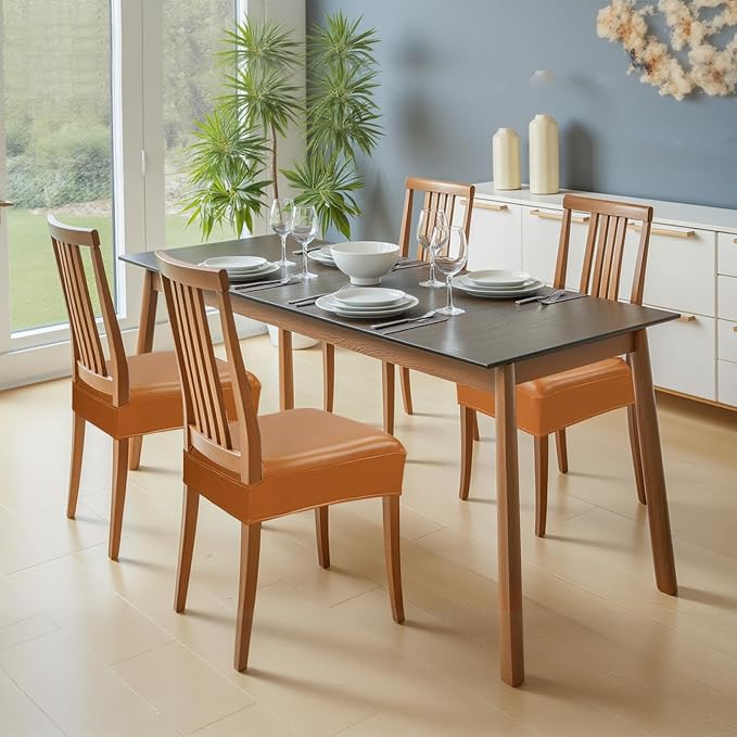 Leather Seat Covers for Dining Room Chairs Set of 8, Waterproof Kitchen Chair Seat Protector Slipcovers Made of 4-Way High Stretch PU Leather and Rear Covers Design (Orange 8 Pcs)