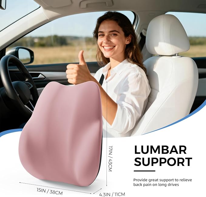 BEBAS Lumbar Support Pillow for Car, Memory Foam Back Cushion for Driving, Ergonomic Lumbar Pillow for Pain Relief, Comfort Lower Back Support for Office Chairs, Car Seat, Wheelchair -Pink