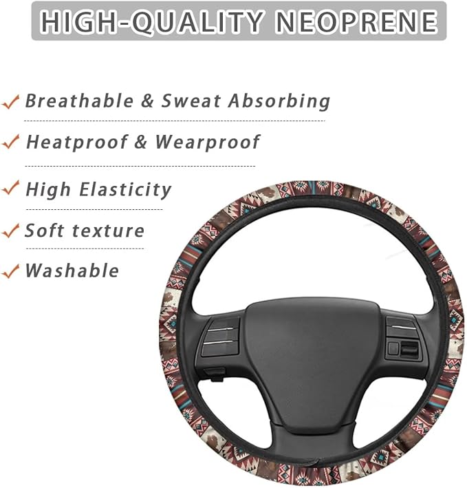 Wanyint Aztec Brown Cow Print Red Auto Steering Wheel Cover Unviersal 15 inch Steering Wheel Wrap Cover Auto Interior Accessories Decor All Seasons