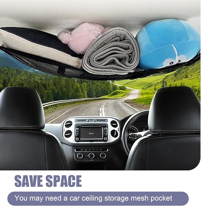 Pack-1 Hang Car Ceiling Cargo Net Replacement, 35.43In x 25.59In Adjustable Vehicle Storage Net Pocket with Zipper Buckle, Universal Durable Automotive Ceiling for Truck SUV Car (Black)