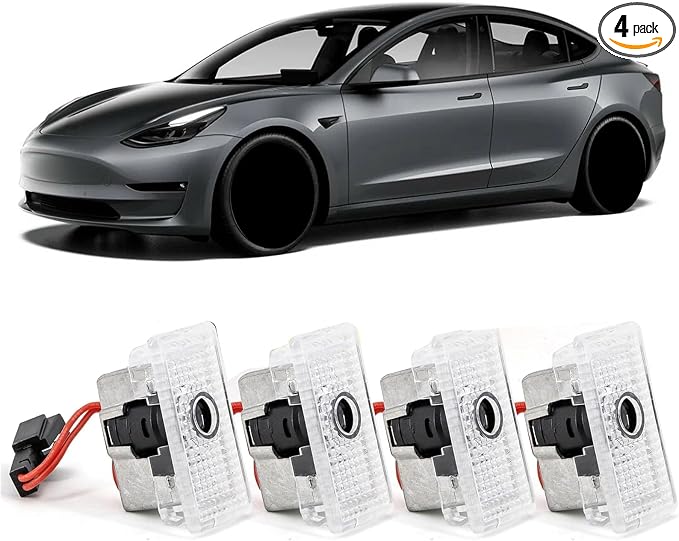 4 Pack Logo Puddle Lights Compatible - Model 3 Y S X HD Door Logo Projector Lights with Extension Cable for Secure Fit Ultra Bright Never Fade Welcome Lamp Car Accessories Only Letters