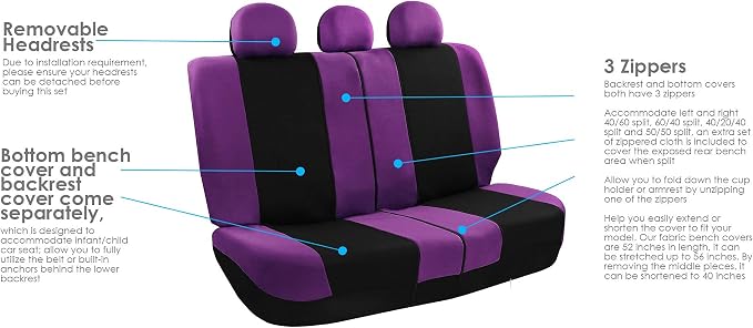 FH Group Universal Car Seat Covers Full Set for SUV Truck Sedan Vans | Waterproof All-Purpose Cloth Seat Cover Set Airbag Compatible Washable Split Bench Protector Interior Upgrade - Purple