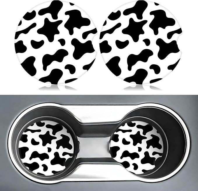 Black and White Cow Print Car Coasters for Cup Holders,2 Pack Car Cup Holder Coasters for Car,Ceramic Absorbent Car Coaster with A Finger Notch and Cork Base,Car Interior Accessories for Women Men