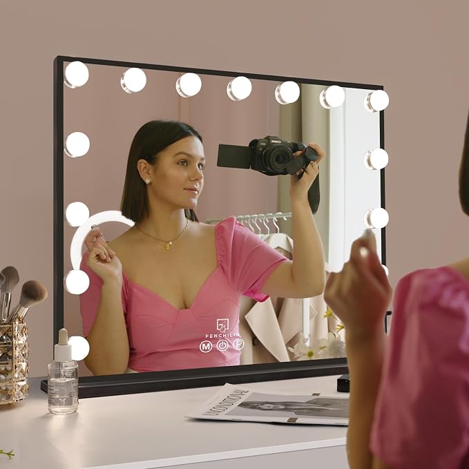 FENCHILIN Vanity Mirror with Lights 22.8''x 18.1'', Hollywood Lighted Mirror with Dimmer Bulbs, Vanity Makeup Mirror Smart Touch Control, Tabletop, Black