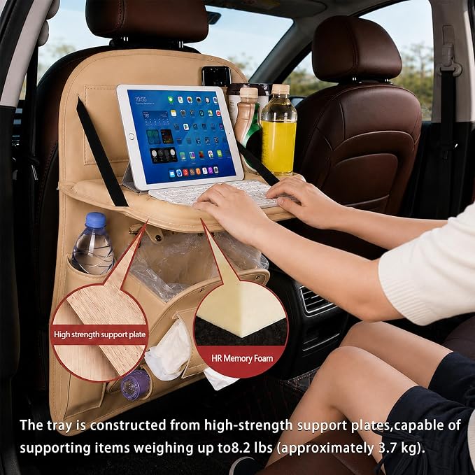 Backseat Car Organizer with Tray, 1 Pack Leather Seat Storage, Cream | Foldable Tray Table,Tablet Holder,Trash Can Pocket,Kick Mat Protector,Easy-Clean Leather