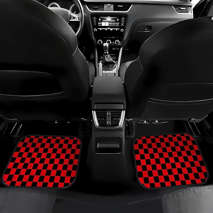 Universal Fit Car Floor Mats Set of 4Pcs, All-Weather Front Rear Car Carpet Mats, Non-Slip Car Floor Mat Car Accessories for Automotive Trucks SUV Sedans Vans (Black and Red Checkered)