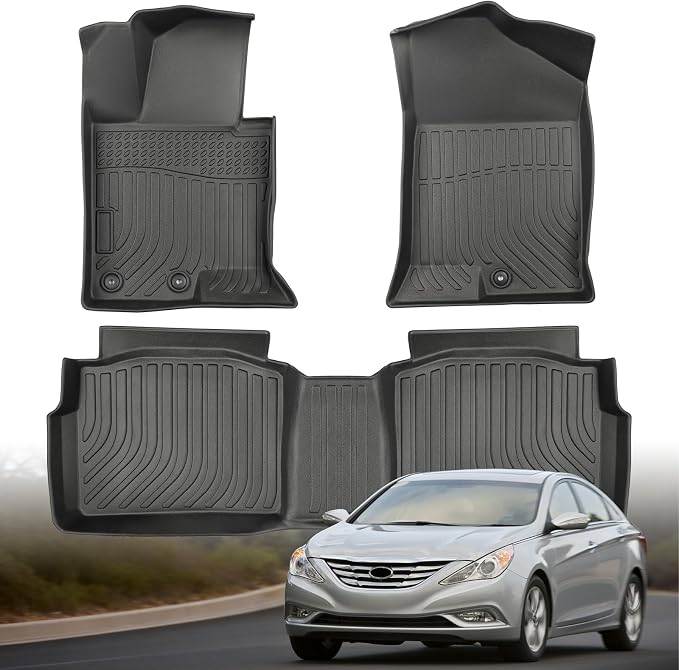 Floor Mats for Hyundai Sonata 2011-2014 & Sonata Hybrid 2015 | All Weather TPE Rubber Car Mats Custom Fit for Sonata, Waterproof Anti-Slip Heavy Duty Car Mats 1st & 2nd Row