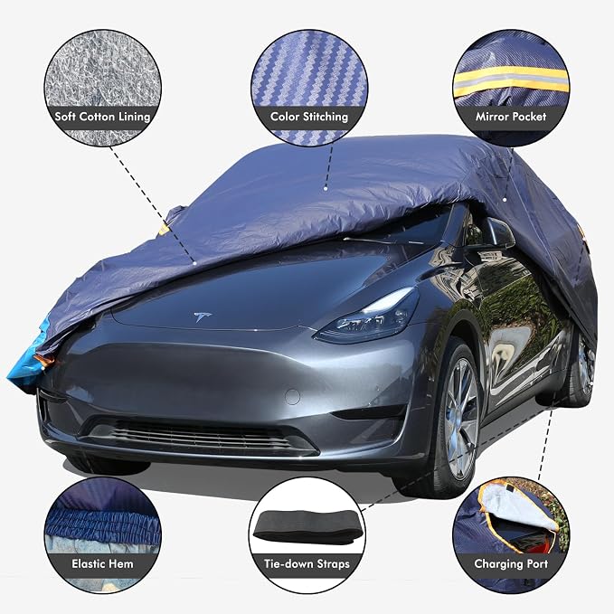 Tesla Model Y Car Cover Waterproof All Weather, 6 Layers Outdoor Full Exterior Cover Rain Sun UV Snowproof Protection with Zipper Cotton, Mirror Pocket and Charging Port