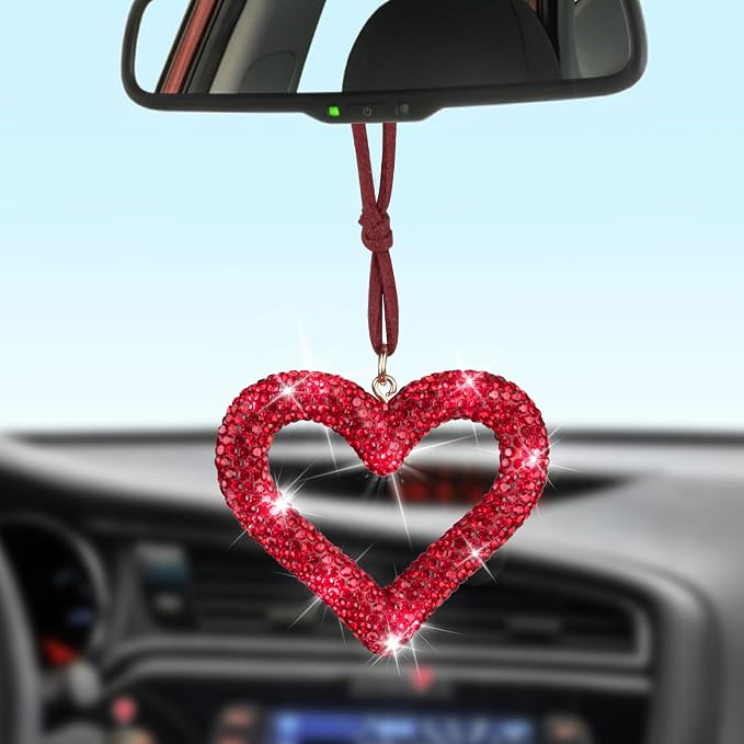 Bling Heart Car Hanging Accessories, Car Accessories for Women, Bling Rear View Mirror, Universal Bling Heart Diamond Car Accessories for Cars, Trucks, SUVs (Wine Red)