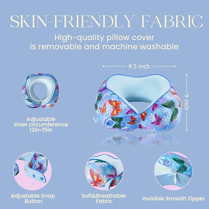 SKYTRAX® Certified Kids Safe Memory Foam Travel Neck Pillows for Kids and Toddlers Cute Cartoon Design, Car Seat & Airplane Head Neck Support, Adjustable Snap Buttons Washable Soft Cover (Butterfly)