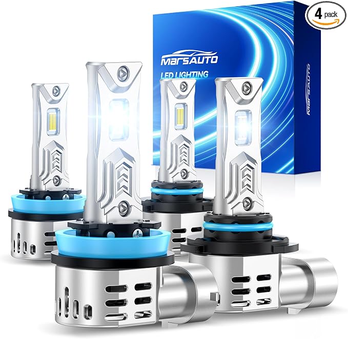 Marsauto 9005 H11 Light Bulbs Combo, 120,000 Lumens 12X Brighter 6500K Cool White, H9 H8 HB3 Fog light Bulbs, 1:1 Mini Size, Plug and Play, Pack of 4