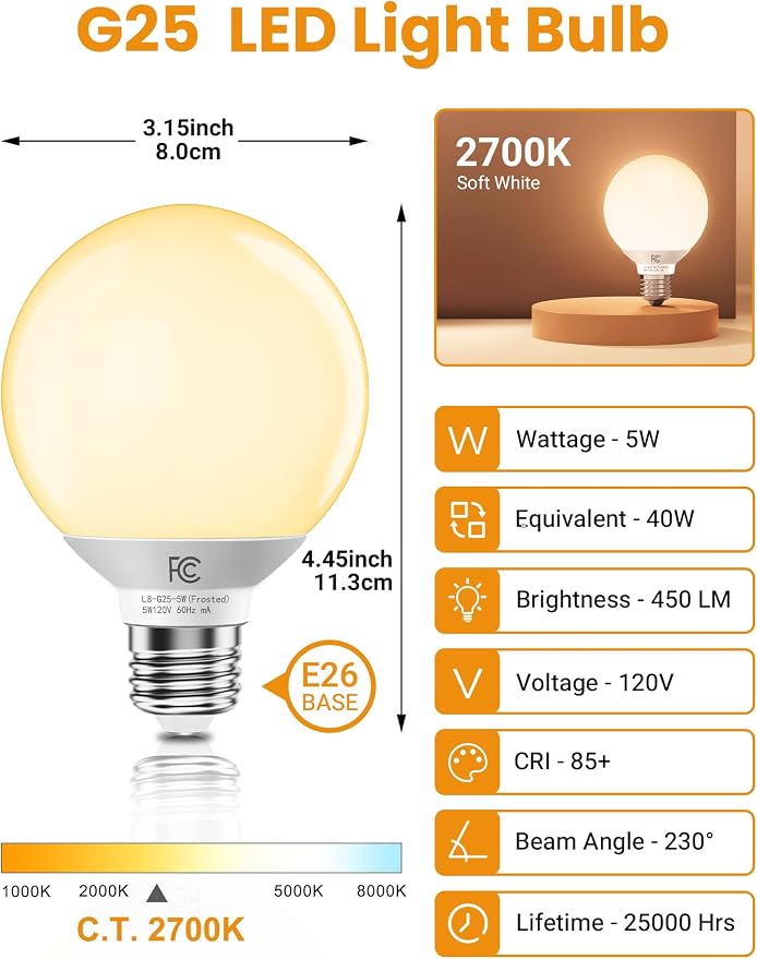 TJOY G25 LED Globe Light Bulbs, Vanity Light Bulb for Bathroom 40W Equivalent, 2700K Soft Warm White E26 Base, Round Decorative Bulb for Vanity Makeup Mirror, CRI85+, 450LM, Non-Dimmable, UL, 4 Pack