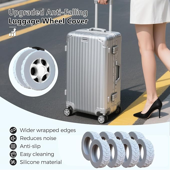 8 Pcs Luggage Wheel Covers, Anti-Noise, Fits 2-2.4" suitcase wheel, Grey | suitcase wheel covers, Widened & Thickened Silicone, Anti-Noise & Scratch-Proof, Fits 2-2.4" Carry-On Luggage Wheels