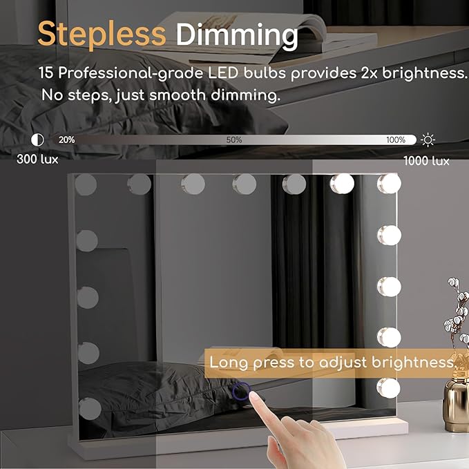 Hollywood Vanity Mirror with Lights, 23"x18" Lighted Makeup Mirror with 10x Magnification for Desk/Wall Mount, 15 Led Bulbs, 3 Lighting Modes for College Dorm, Bedroom, Dressing Room