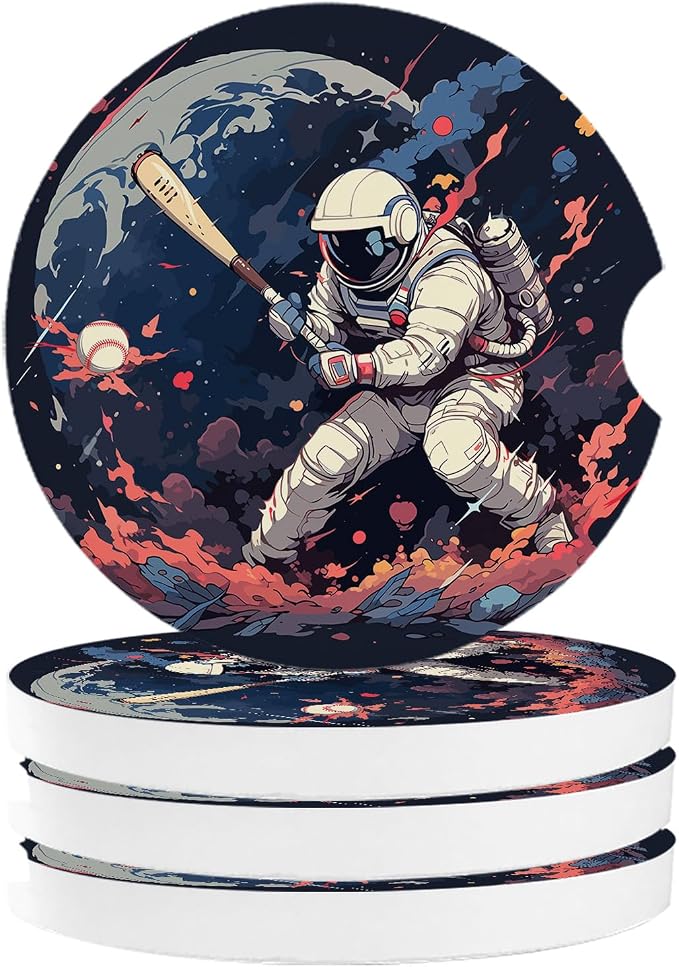 Car Coasters for Cup Holders 2.6" Dia Absorbent Coasters Set of 4 Car Interior Accessories for Women Men Ceramic Car Coaster for Drinks with Finger Grooves,Watercolor Astronaut Baseball Theme Black