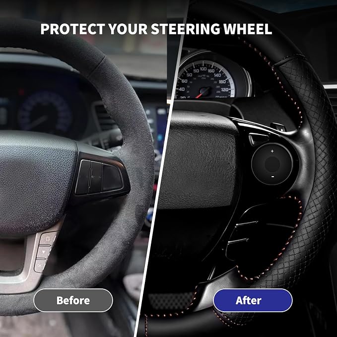Steering Wheel Cover with Anti-Slip Leather Grip Compatible with Ford, Toyota, Honda, Nissan, and Chevrolet Vehicles for 14.5-15.35 inch Round Steering Wheels Universal Car Accessories
