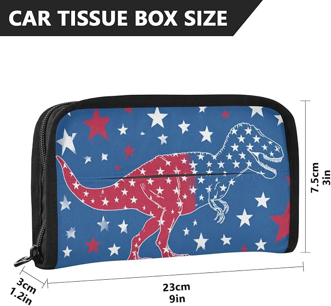 Car Visor Tissue Holder Mask Holder for Car, Car Tissue Box Sun Visor Napkin Holder Car Visor Accessories Adjustable Straps Reusable Durable Easy to Install July 4th T-rex and Us Flag Stars