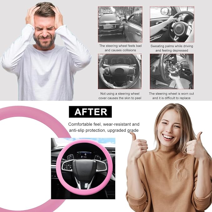 DXNQ Car Steering Wheel Cover, 13 to 14.17 inches Anti-Slip Silicone Steering Wheel Protector, Soft Flexible Shock-Absorbent Steering Wheel Protective Cover for Most Car Models (Pink)