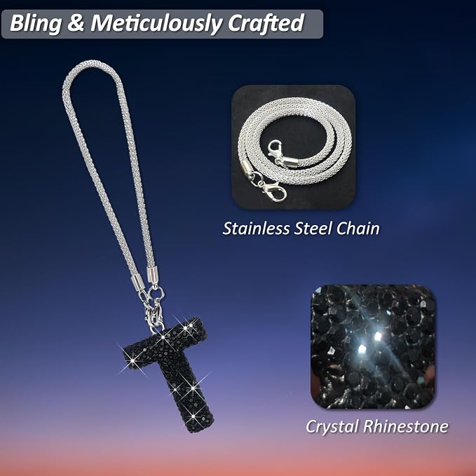 Letter T Bling Black Car Accessories Interior for Women, Interior Charm Rear View Mirror Cute Crystal Pendant Car Decorations for Men, Lucky Gifts Diamond Rhinestone