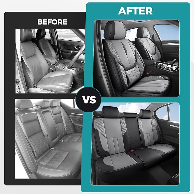 Universal Car Seat Covers for SUVs Sedans Trucks BlackGrey | universal fit, faux leather, waterproof, breathable, stain/scratch resistant, airbag compatible, anti-slip, easy install