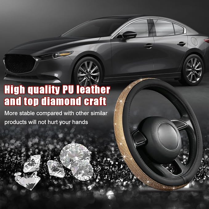 povtii Bling Car Steering Wheel Cover, Sparkling Crystal Rhinestone Auto Wheel Protector, Anti Slip Cover Fit 15 Inch Steering Wheel for Women Girls, Universal Car Accessories (Golden)