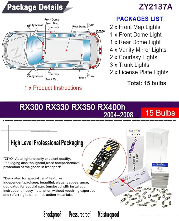 LED Interior Light kit for Lexus RX330 RX350 RX400h RX450h, 6000K White Dome Lights Accessories Replacement Package, LED Light Bulbs Upgrade (For Lexus RX 2004-2008 (15 Bulbs))