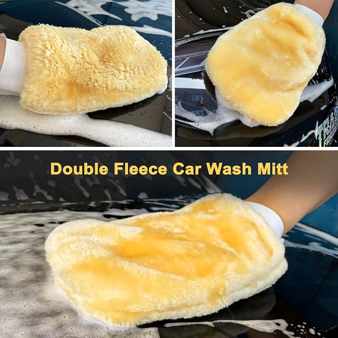 YeewayVeh 43" Car Wash Brush Mop Kit with Mitt, Yellow/Black | 15° Curved Pole, Extra Replaceable Chenille Head, Scratch-Free Microfiber Mitt & Sponge Cleaning Accessories