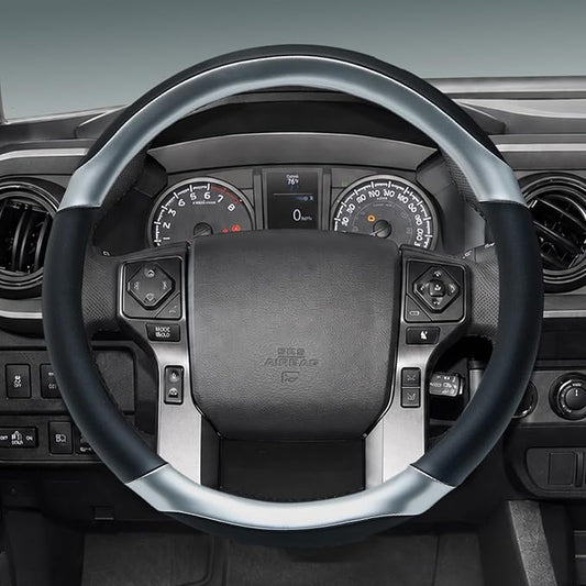 Yangday Leather Steering Wheel Cover for Toyota RAV4 Corolla Camry Highlander, 14.5-15 inches Car Steering Wheel Cover with Non-Slip Breathable (Bright Silver)