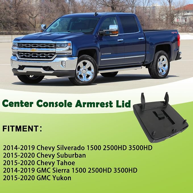 Front Seat Center Console Armrest Lid with Base Black Compatible with 2014-2019 Chevrolet Chevy Silverado Suburban Tahoe GMC Sierra Yukon XL Replaces 22881398 22876379