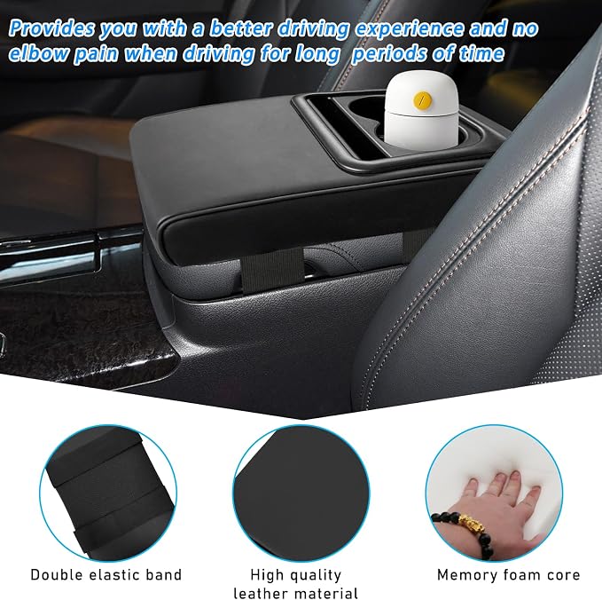 Car Center Console Armrest Pillow, Memory Foam Auto Armrest Box Cover with Cup Holder and Phone Holder, Waterproof Leather Arm Rest Protector Cushion, Interior Car Accessories (Black)