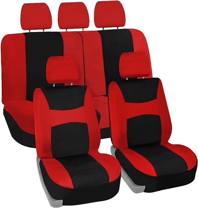 FH Group Universal Car Seat Covers Full Set for SUV Truck Sedan Vans | Waterproof All-Purpose Cloth Seat Cover Set Airbag Compatible Washable Split Bench Protector Interior Upgrade - Red